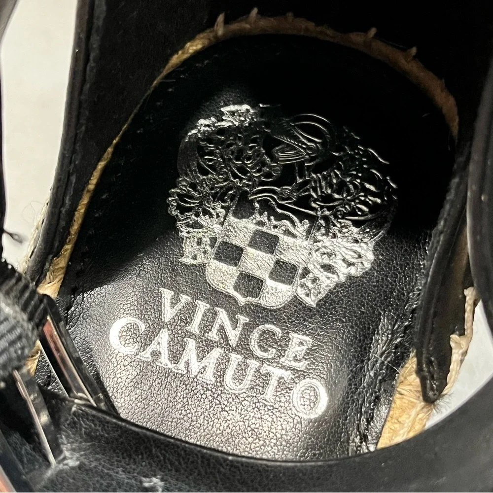 NEW Vince Camuto Black Leather Leera Espadrille Wedge Sandals Shoes size 10